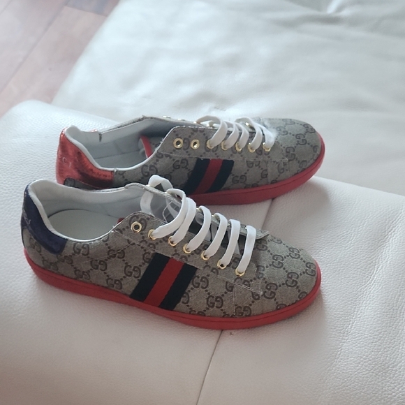 Gucci Monogram Sneakers with Red Soles - Picture 1 of 4